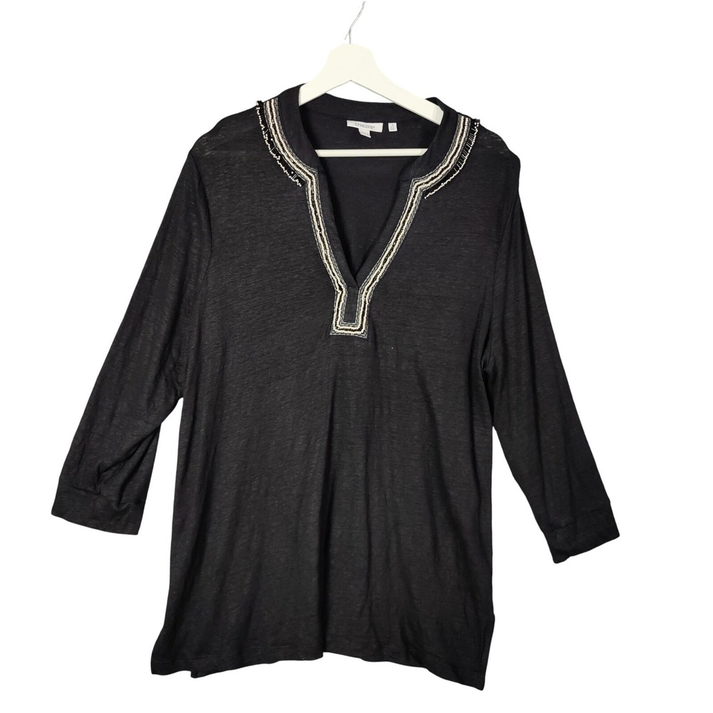 Chicos Womens Resort Coastal 100% Linen Beaded V-Neck Tunic Top 4 XXL Black